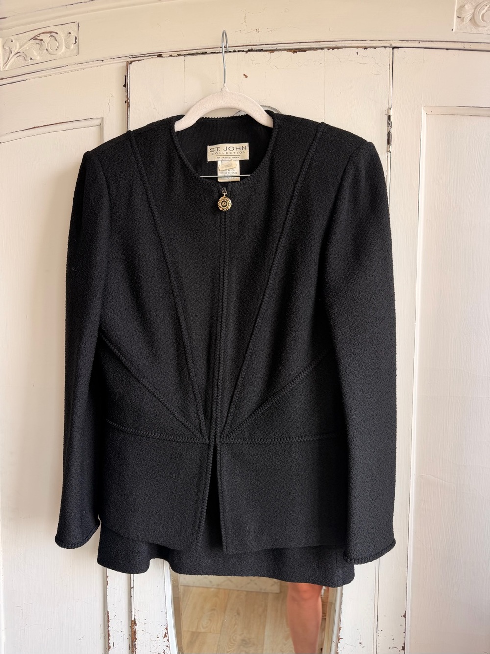 St. John Black Structured Knit Blazer & Skirt Set with Gold Buttons